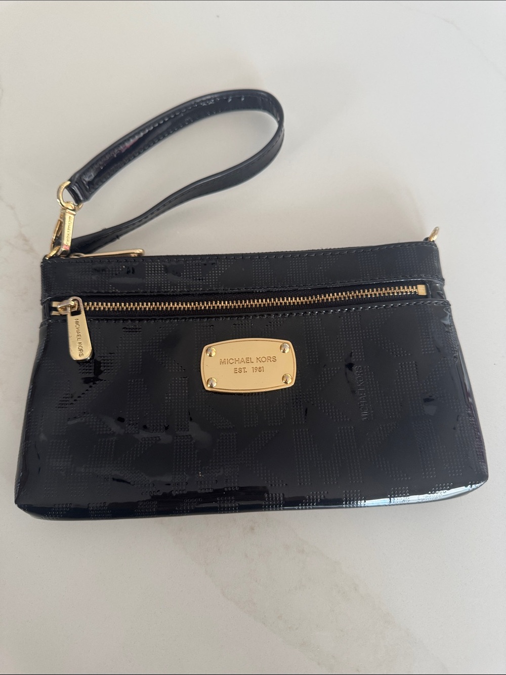 Michael Kors Black Patent Wristlet Clutch with Gold Hardware